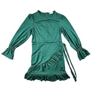 Ruffle Trim Bell Sleeve Midi Dress Tie Back Womens Size Medium Green